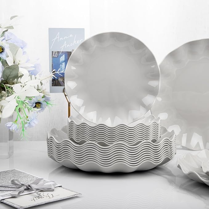 LIYH 24 Pcs Plastic Grey Scalloped Plates Reusable, Unbreakable Dinner Plate and Salad Plate, Dishwasher Safe Outside Plates for Parties, Picnics 12 Guests