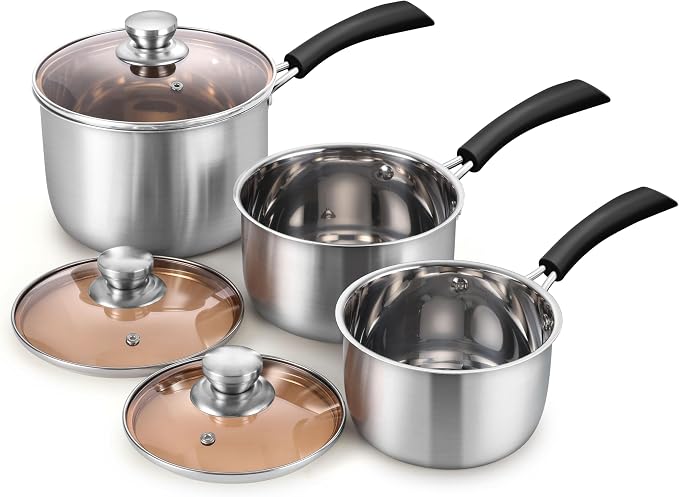 Herogo Saucepan Set with Lid, 1 Quart & 2 Quarts & 3 Quarts 18/10 Stainless Steel Sauce Pan Pot, Small Cooking Pot for Home Kitchen, Dishwasher Safe