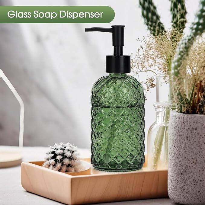 Topsky Gem Glass Soap Dispenser with Black Plastic Pump, 13oz Liquid Hand Soap Dispenser, Rustproof Pump for Kitchen & Bathroom, Great for Lotions, Essential Oil, Liquid Soaps-Army Green