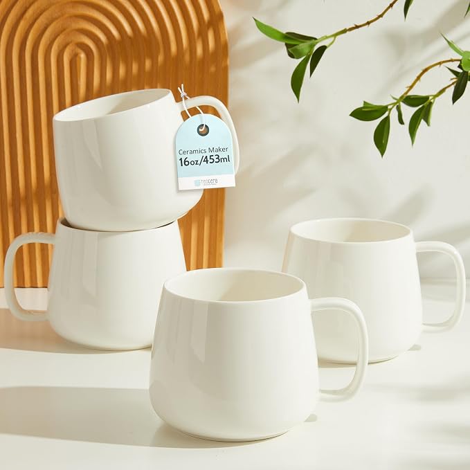 Teocera 16oz Ceramic Coffee Mugs Set of 4 – Stackable Latte Cups, Microwave, Dishwasher & Oven Safe – Ideal for Coffee, Cappuccino, Hot Chocolate, Housewarming Gifts，White