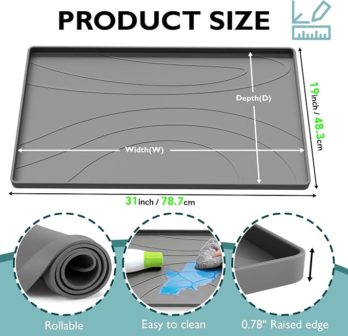 Under Sink Mat 31" x 19", Silicone Under Sink Liner for Kitchen and Bathroom, Waterproof Cabinet Protector Drip Tray, Protects Cabinets from Leaks and Spills