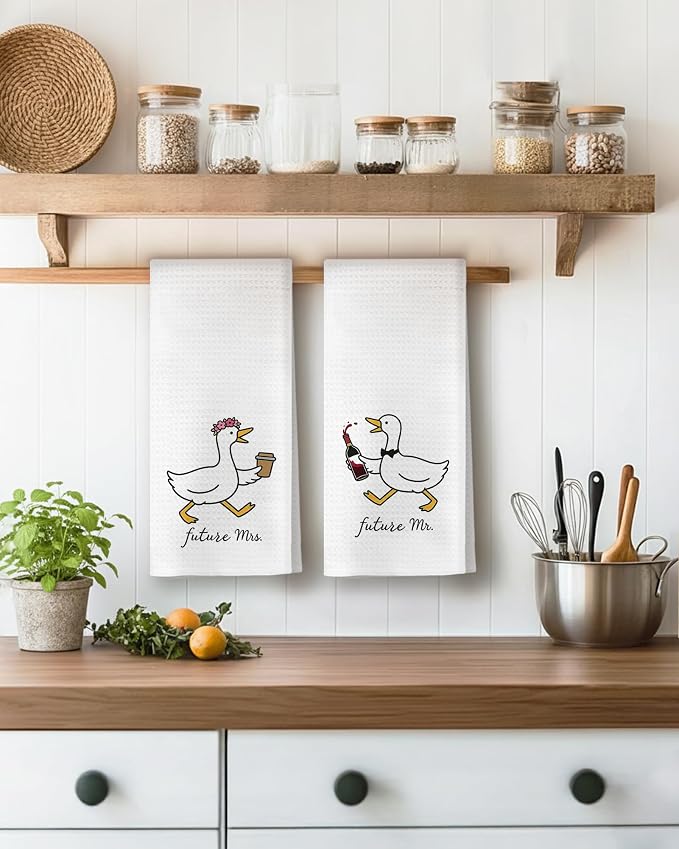 Funny Goose Couple Kitchen Towels, Engagement Newly Engaged Gifts Dish Tea Towels for Kitchen Decor, Future Mr and Mrs Gifts Decorative Hand Towel for Bathroom, 16x24 Inch Set of 2