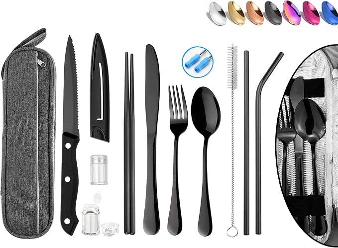 Portable Reusable Travel Utensils Silverware with Case,Travel Camping Cutlery set,Chopsticks and Straw, Flatware Cutlery with Case, Stainless steel Utensil set Top (Black)