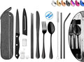 Portable Reusable Travel Utensils Silverware with Case,Travel Camping Cutlery set,Chopsticks and Straw, Flatware Cutlery with Case, Stainless steel Utensil set Top (Black)