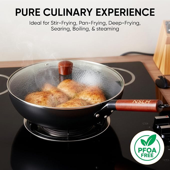 12.6 Inch Carbon Steel Wok Pan with Glass Cover, Pre-Seasoned Nonstick Flat Bottom Wok for Chinese Cooking, Woks & Stir-Fry Pans Cookware, Compatible with Induction, Electric, Gas & Halogen