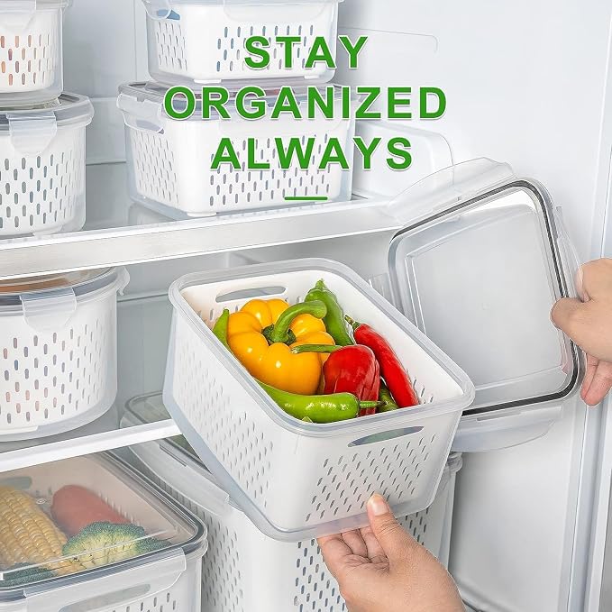Fruit Storage Containers for Fridge with Removable Colander 8 pcs | Airtight Food Storage Container Dishwasher Safe Produce Saver for Refrigerator Keep Berry Fruit Fresh Longer Small Clear