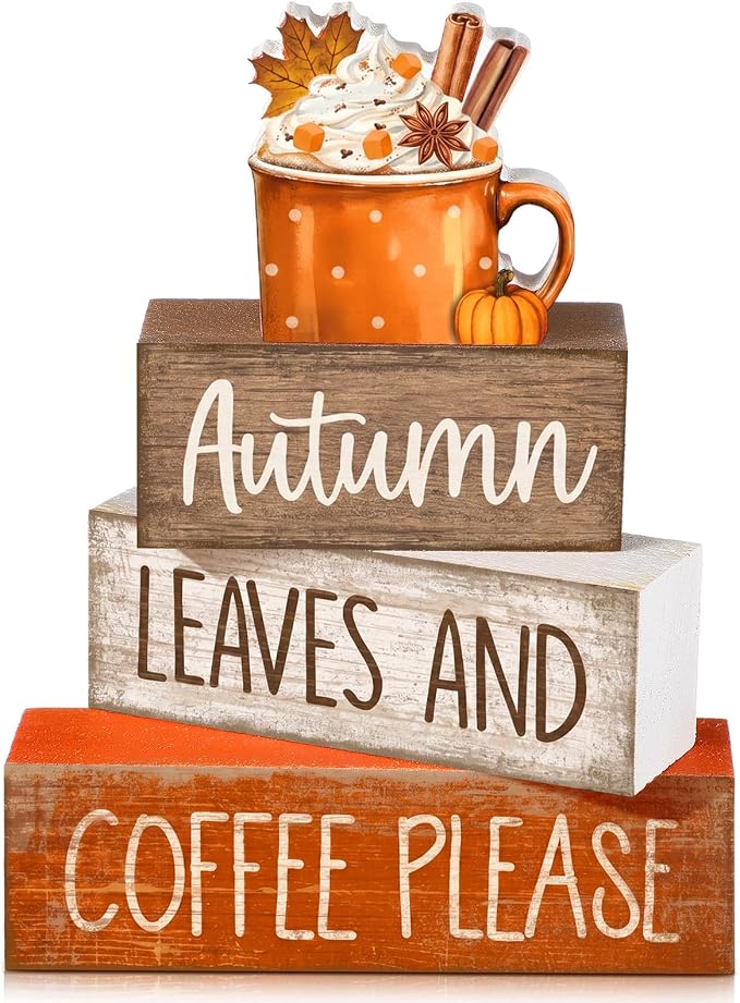 Lineshading 4 Pcs Fall Coffee Wooden Block Signs Tiered Tray Decor Autumn | Rustic Tabletop Decor for Kitchen Coffee Corner, Stackable Wooden Blocks with Autumn Leaves, Farmhouse Style Home Accent Gift