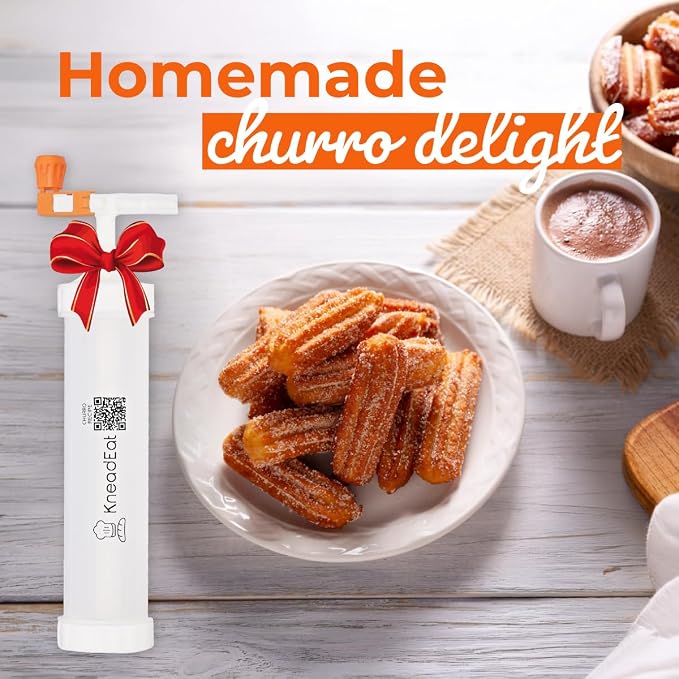 Churro Maker Kit, Booster-Powered Handle, Filler Needle, 3 Nozzles | QR recipe guide, 304 stainless steel nozzle, homemade filled churros, sweet fillings, easy shaping, family cooking activity