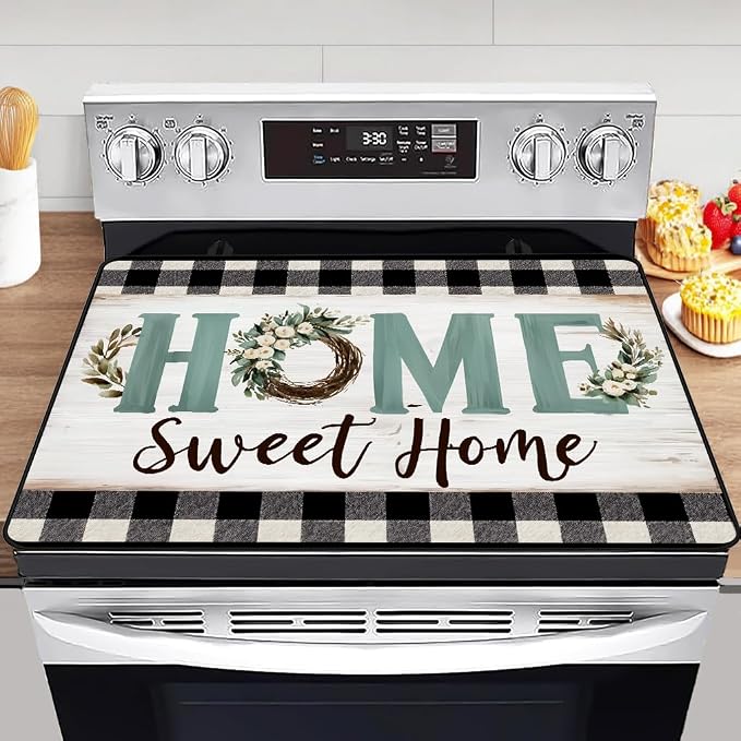 Home Sweet Home Glass Stove Top Cover Protector – Vintage Glass Cooktop Protector,Buffalo Check Cooktop Mat for Ceramic Countertop Mats Electric Stove Cover Festive Decor