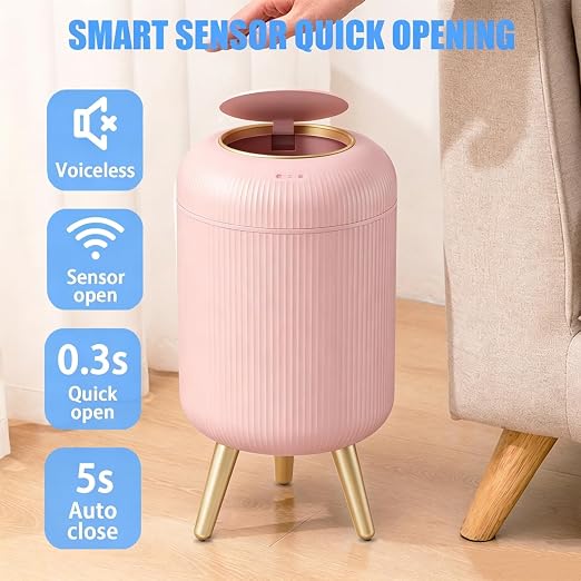 URALFA Automatic Bathroom Trash Can, Motion Sensor Trash Can Touchless | 3 Gallon Touchless Sensor Bathroom Garbage Can with Lid, Smart Trash Bin for Bedroom, Office, Restroom, Removable Legs, Pink