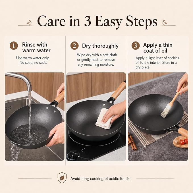 12.6 Inch Carbon Steel Wok Pan with Lid, 4.8 Qt Flat Bottom Stir Fry Pan with Self-Standing Glass Lid, Coating-Free Wood Handle Wok for Induction, Gas, Electric & Ceramic Stovetops
