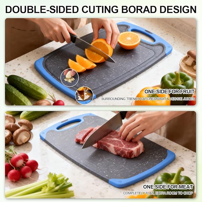 Viretang Non Slip Cutting Board Set For Kitchen, 3 Pieces, Dishwasher Safe | Blue Plastic Chopping Boards with Juice Grooves, Easy Grip Handle,Grinding Area for Grinding Garlic and Ginger,Non BPA