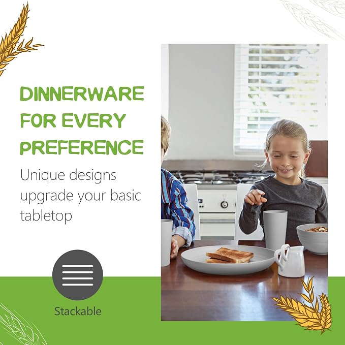 Teivio 32-Piece Plates and Bowls Sets for 8, Light Gray Dinnerware Sets | 13.5oz Cups, Plastic Wheat Straw Unbreakable Dish Set, Dishwasher Safe, for Outdoor Camping RV Apartment Essentials Plate Set