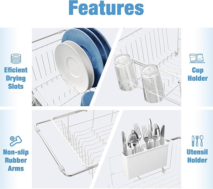 JASIWAY White Dish Drying Rack in Sink with Drainboard and Utensil Holder | Use Over the Sink or Counter, Stainless Steel Expandable Dish Drainer for Small Kitchen, Space Saving, Fast Drain, Rustproof