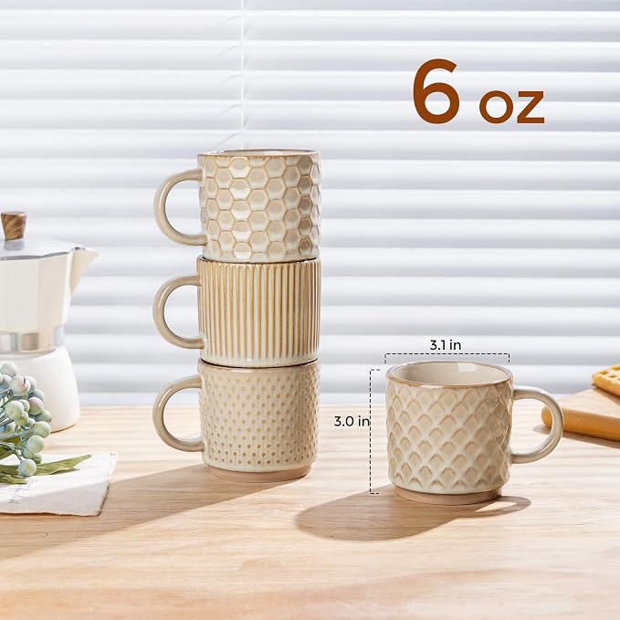 GBhome 6 OZ Stackable Coffee Mugs Set of 4, Ceramic Coffee Cups Set | 4 Assorted Designs, Embossed Mugs with Texture Patterns for Espresso/Tea, Dishwasher&Microwave Safe, Khaki