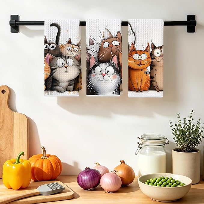 Jztco 3 Pcs Cute Cat Kitchen Towels, Cats Soft Absorbent Hand Tea Towel | Microfiber Dish Cloths for Drying Dishes, Waffle Dish Towels for Kitchen Home Bathroom Decor, Cat Lover Gifts for Women Mom