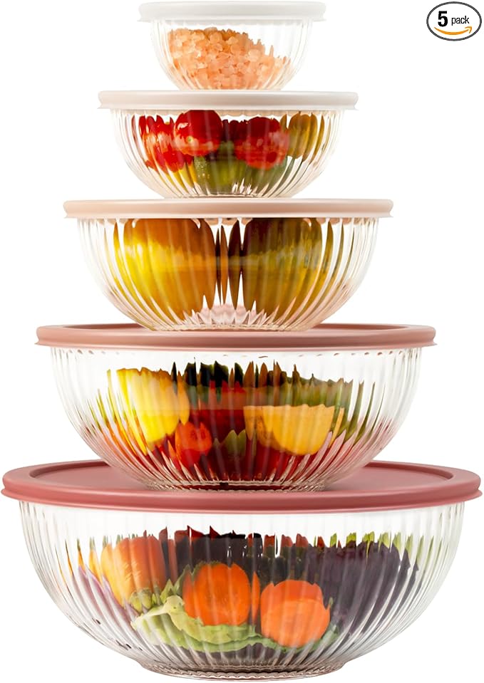 Glass Mixing Bowls with Lids Sets, 5 PCS Glass Bowls for Kitchen service | For Baking, Meal Prepping and Salad, Bpa Free, Microwave, Dishwasher and Oven Safe Serving Bowls, 0.2/0.5/1.1/2.1/3.7Qt