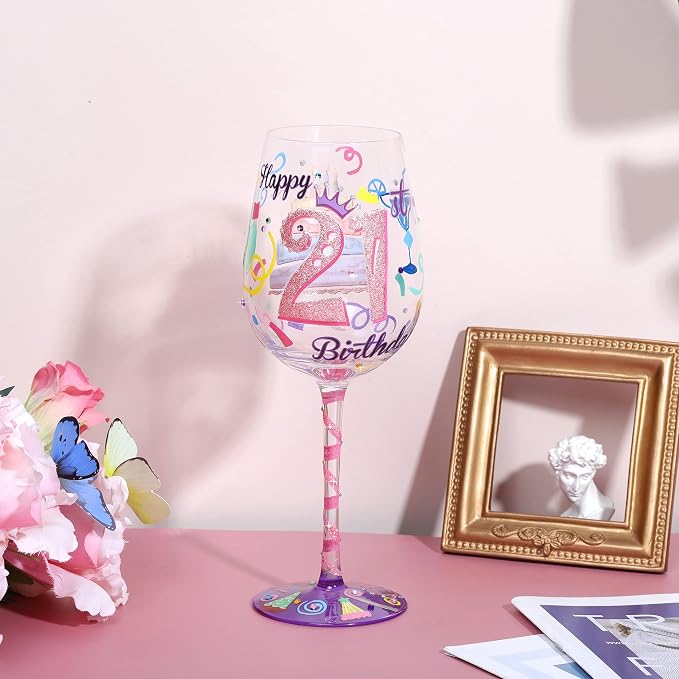 NymphFable 21st Birthday Hand-Painted Wine Glass Gift for Her, 15 oz | Gift-Boxed for Her 21st Birthday, Hand-Blown Goblet, Artisan-Painted Milestone Number Art, Everyday Use, Hand Wash Only