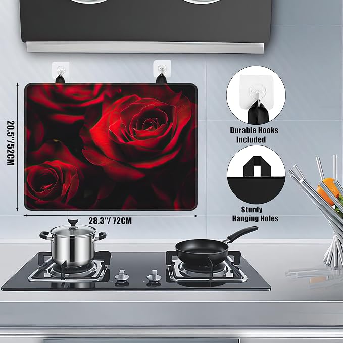 Stove Top Covers for Electric Stove,Red Rose Flower Flat Top Stove Cover,Retro Floral Heat Resistant Glass Top Stove Cover Protector Anti-Slip Range Covers, 28 x 20 Inch
