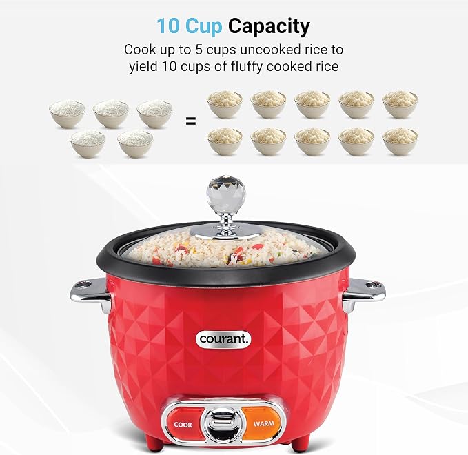 Courant Rice Cooker 10-Cup (Cooked) Steaming basket One-Touch Operation, Automatic Keep Warm Function, red