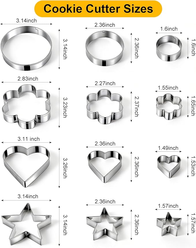 12 Pcs Professional Stainless Steel Cookie Cutters Set - Heart, Flower, Round, Star Shapes Metal Biscuit Cutter, Essential Baking Tools for Dough Preparation