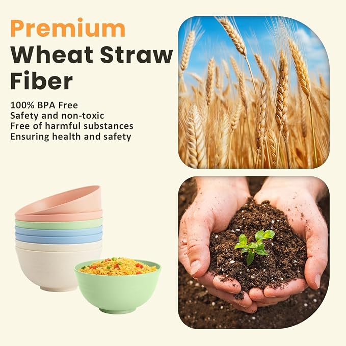 Wheat Straw Bowls, Unbreakable Cereal Bowls Microwave Safe, 8 PCS Lightweight Stackable Snack & Soup Bowls for Kitchen, Camping, Party, Dishwasher Safe Plastic Bowl Alternative (Light, 26oz)