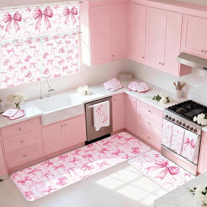 13 Pcs Pink Bow Kitchen Decor Set 3 Coquette Kitchen Curtains Valance 2 Aesthetic Rugs and Mats 4 Girly Hand Towels 2 Pink Pot Holders 2 Oven Mitts for Home Decor Cooking Grilling Housewarming Gift