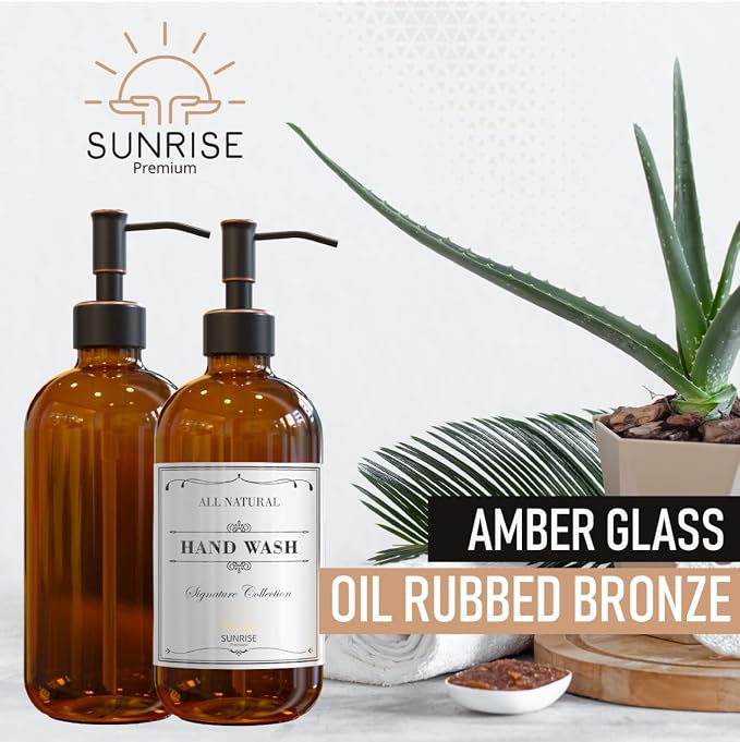 Amber Glass Soap Dispenser with Rubbed Bronze Pump, 16 oz | Amber Glass, Stainless Steel Pump Hand and Dish, Bathroom and Kitchen Sink, 6 Waterproof Labels, (Pack of 2)