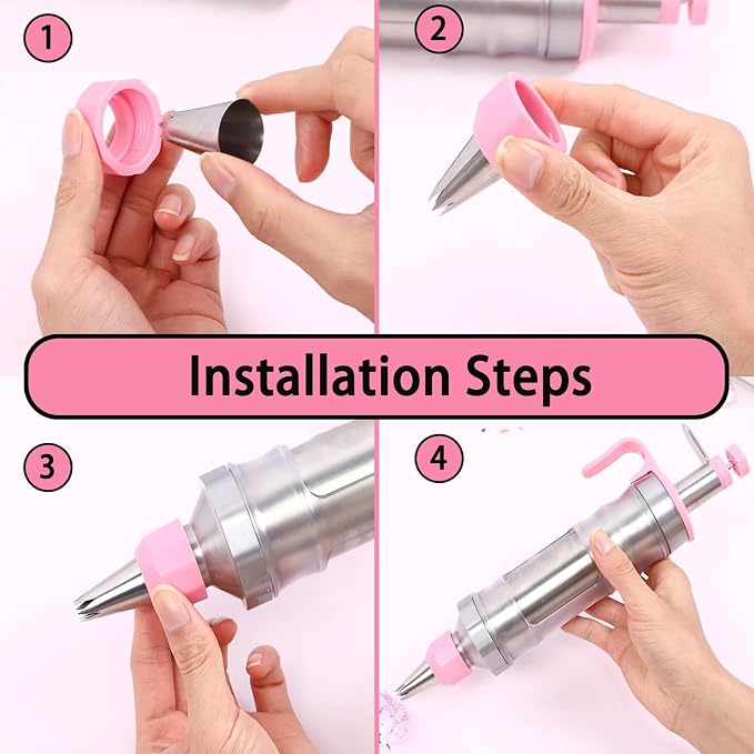 Hendiy Dessert Decorating Syringe Set, Stainless Steel Frosting Kit | 6 Piping Tips, 9 Silicone Cupcakes, Piping Bags Included, Cupcake Decorating Kit
