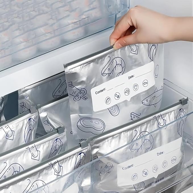 Reusable Aluminum Foil Sealable Storage Bags, 2025 New Resealable Vacuum Zipper Pouches for Food, Stand Up Foil Sealable Bags with Label and Zip Lock for Vegetable Fruit Meat (10PCS, Large)