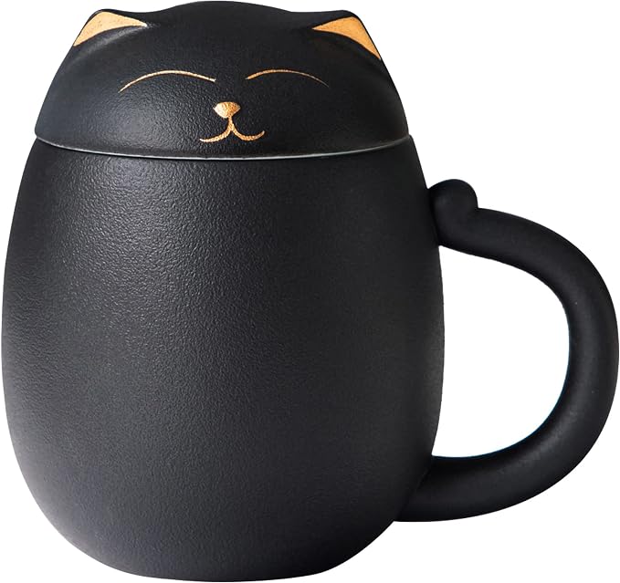 HEER Black Cat Ceramic Tea Mug 13.5oz with Infuser and Lid, Black | Cat Lover & Cat Mom Birthday Gift for Women, Perfect for Loose Leaf Tea, Tea Strainer Cup for Home & Office Use