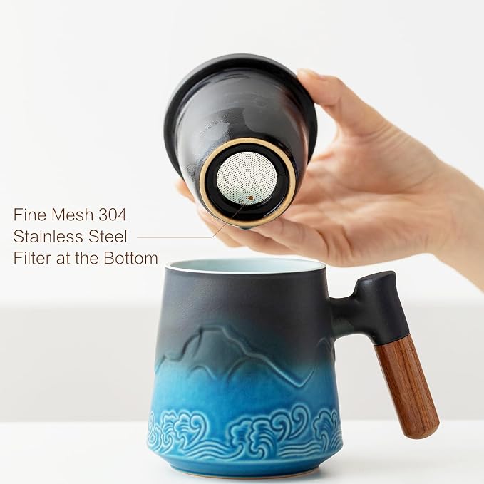 ZENS Tea Cup with Infuser and Lid for Loose Leaf Tea Steeper, 15oz Blue | Embossed Ceramic Tea Infuser Mug with Fine Strainer for Herbal Tea Lovers Gifts, Nature Wood Handle