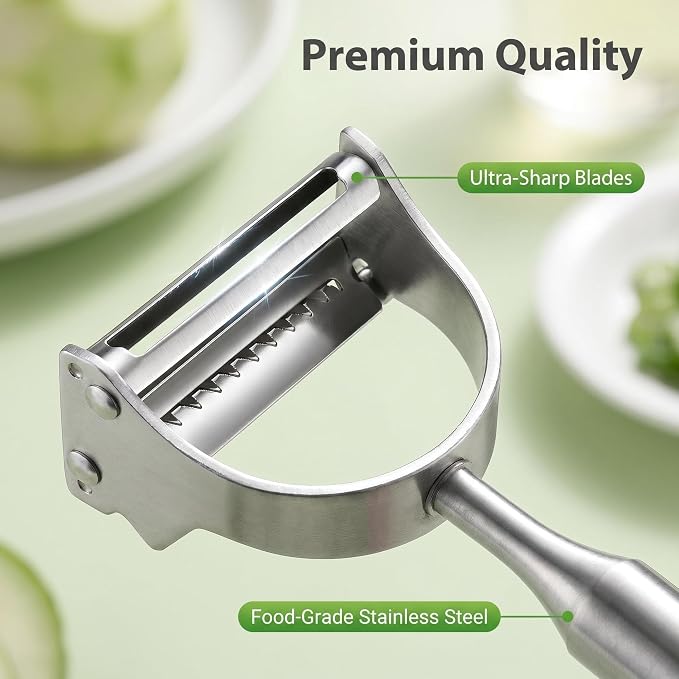 2-in-1 Stainless Steel Julienne Vegetable Peeler, One-Piece Metal Construction, Sharp Dual Blades for Potatoes, Carrots, Apples, Citrus, Dishwasher Safe