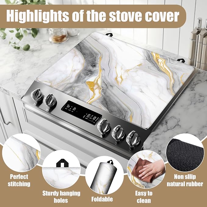 White Marble Stove Top Covers for Electric Stove, Electric Gas Stove Pad Heat Resistant Range Cooktop Protector for Home Decor Kitchen 28"x20"