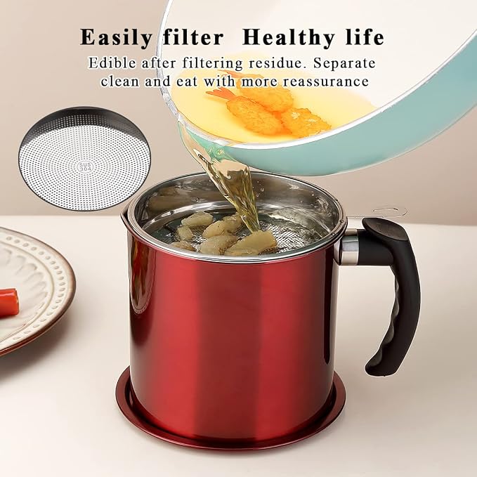 Kyraton Bacon Grease Container With Strainer, 48 oz Metal Shining Red Stainless Steel Oil Container, Pot Fat Storage With Lid, Easy Grip Handle Suitable For Storing Frying Oil And Cooking Grease