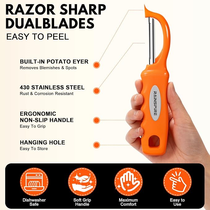 Rainspire Vegetable Peeler Potato Peelers for Kitchen, Sharp Stainless Steel Blades Veggie, Comfortable Handle Fruit Peeler, Carrot Peeler Apple Peeler Dishwasher Safe (2, Orange)