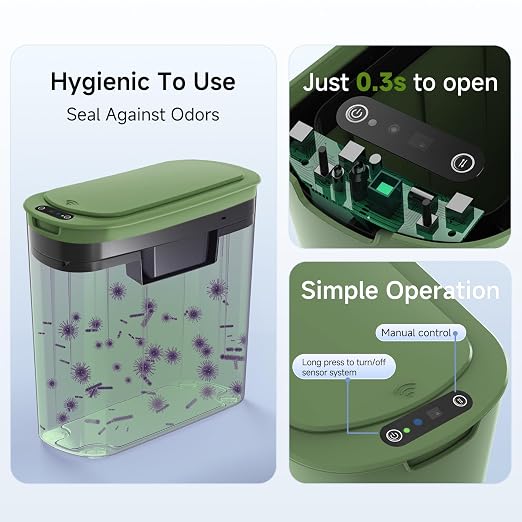 TIPGO 5 Gallon Automatic Bathroom Trash Can with Lid, Green, Touchless | Motion Sensor, Slim Smart Garbage Bin, Plastic Wastebasket, Battery Operated, Manual Button, for Bedroom, Office,RV