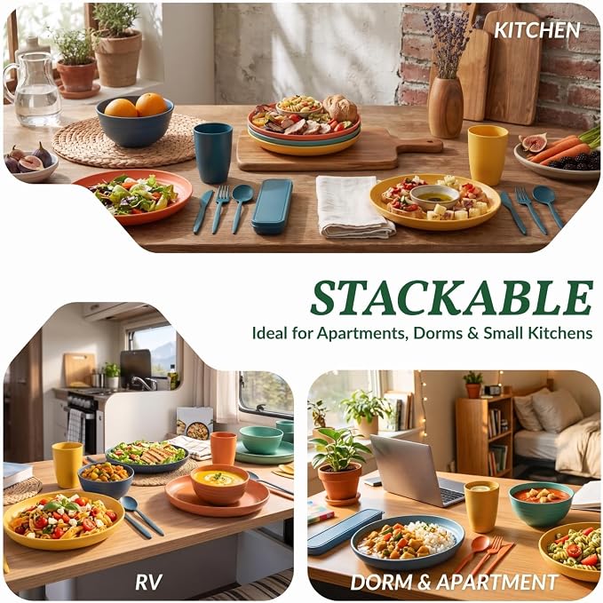 Wheat Straw Dinnerware Sets 28 PCS Lightweight Plates and Bowls Sets Unbreakable Microwave & Dishwasher Safe Dish Set with Utensils Reusable Dishes Set for Kitchen, Camping, RV, Party (Multi)