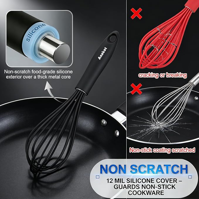 Anaeat Silicone Kitchen Whisk Set of 4, Perfect for Non-Stick Cookware, Egg Beater Milk Blender for Whisking, Cooking, Baking, Beating - 11'' Flat Whisk and 9''+11''+12'' Balloon Whisks (Black)