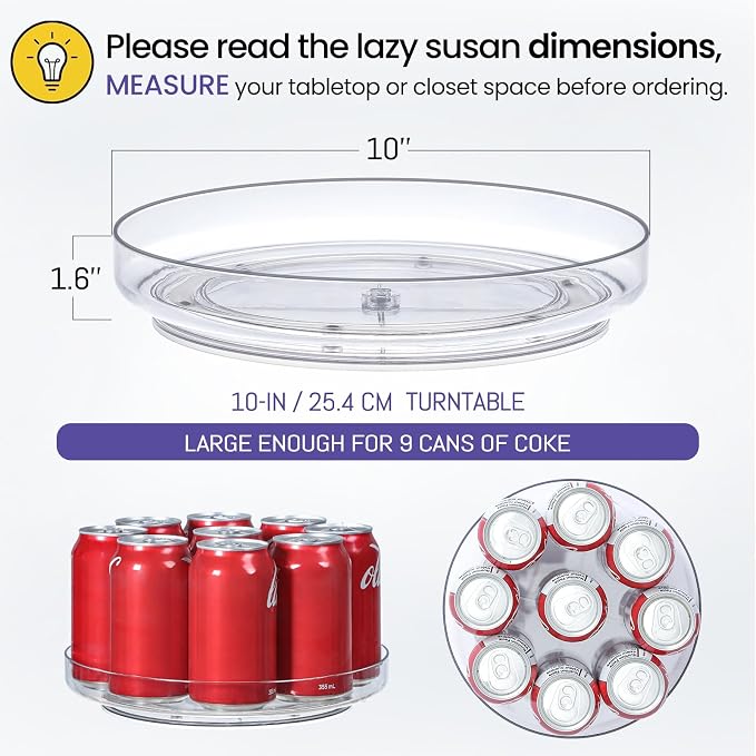 4 Pack 10inch Elegant Clear Turntable Acrylic Lazy Susan, Non-Skid Rotating | Smoothly Kitchen Spice Rack, Cabinet Pantry Organization Storage, Refrigerator, Vanity Makeup, Bathroom Countertop Organizer