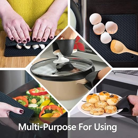 6pcs Silicone Oven Mitts and Pot Holders Sets for Kitchen, Black | 500°F heat resistant, cotton lining, honeycomb non-slip texture, 15-inch forearm protection, baking cooking gloves