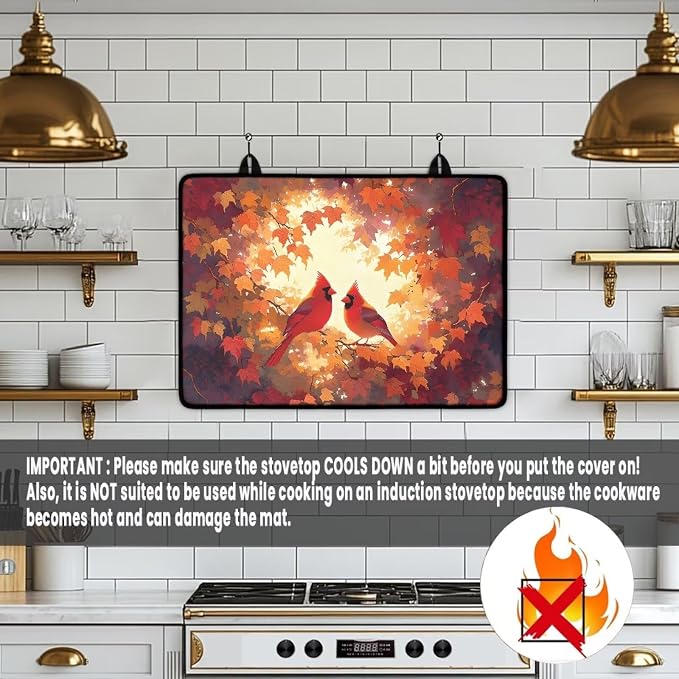 Fall Cardinal Maple Stove Top Covers for Electric Stove, Anti-Slip Dish Drying Mats for Kitchen, Heat Resistant Silicone Insulation Mat for Glass Top Burner, Thanksgiving Decor