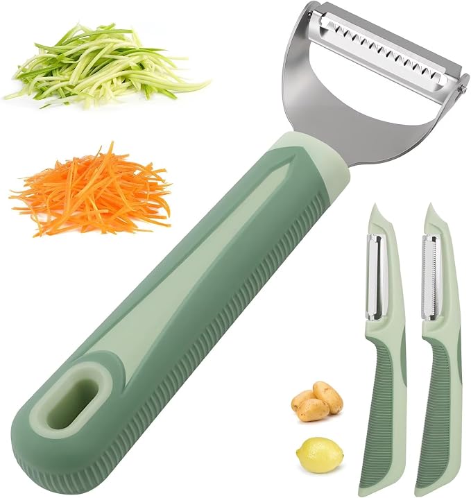Julienne Peeler Vegetable Peeler with 4.8'' Long Silicone Handle | Non-slip grip & sharp blade; Y carrot shredder-for strips; Potato/serrated peeler-ordinary peeling/soft skin; 3 Pack; Green