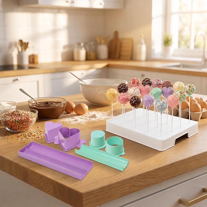 Cake Pop Making Kit with 2 Cake Pop Molds and Stand | Includes tray, sticks, and ABS cutter & pusher. Perfect for making cake pops for parties, weddings, and homemade desserts.