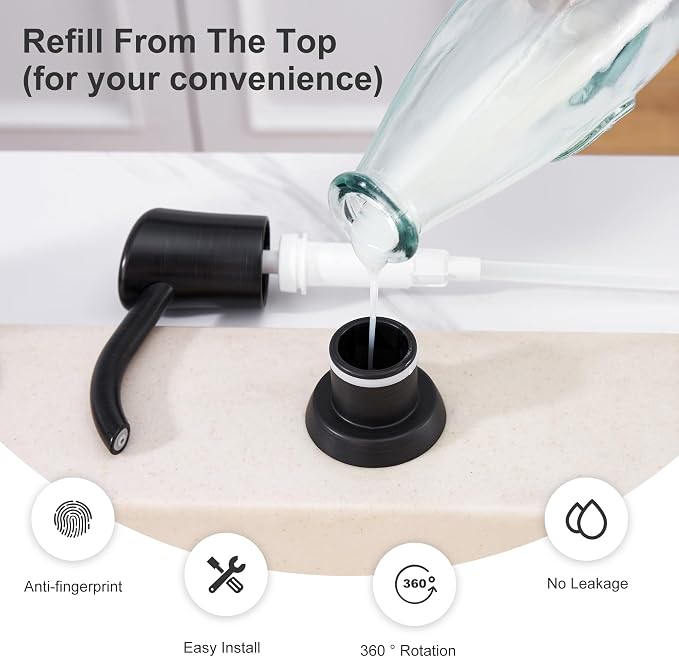 Kitchen Sink Soap Dispenser Pump, 17 oz Bottle, Oil Rubbed Bronze | Refills From The Top, No-Leak ABS Pump, DIY Installation, 360° Swivel, Fits 1–1.5 in Sink Holes; for Dish Soap or Lotion