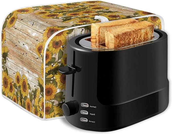 Sunflower Bee Print Toaster Cover For Home Office, Spandex Quilted Toaster Cover 4 Slice Wide Slot Breadmaker Covers Stain And Fingerprint Protection, Yellow