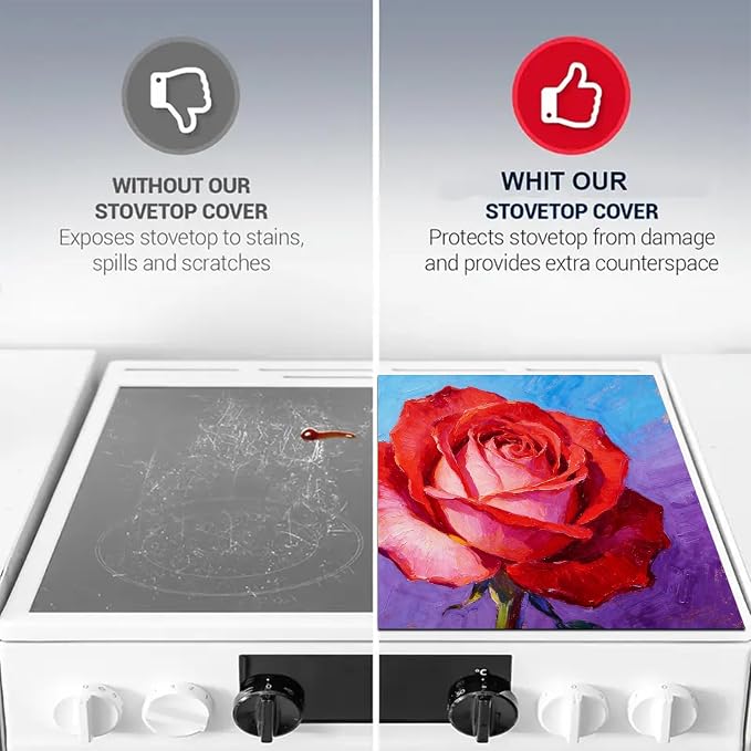 HOMETITUTE Spring Stove Top Covers for Electric Stove 28x20 Inches Red Rose Oil Painting Heat Resistant Glass Cooktop Protector Pad Decorative Stovetop Cover for Kitchen Coffee Bar Decor