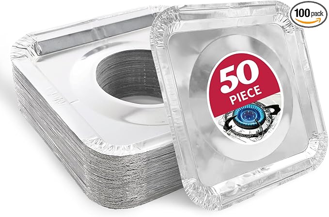 50pc Aluminum Gas Stove Burner Covers -Thicker Foil Square Burner Liners - Disposable Gas Range Protectors, 50 Pack（Outer diameter: 8.5 x 8.5 inch）