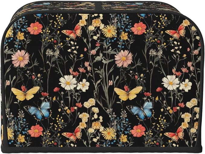 4 Slice Toaster Cover Wildflower Botanical Butterfly Flower Dust Proof Washable Kitchen Appliance Cover with Pocket, Oxford Fabric Countertop Toaster Protector for Standard Toasters Small Appliances