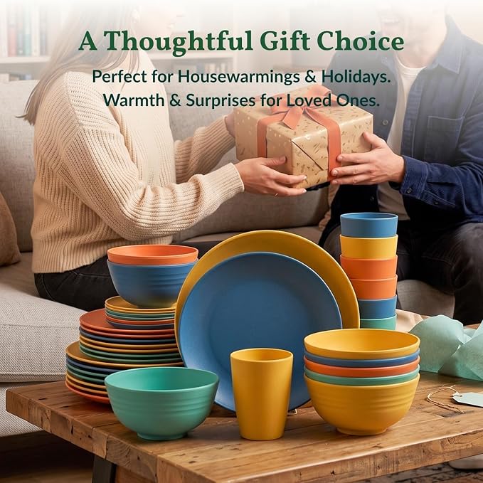40-Piece Unbreakable Plastic Wheat Straw Dinnerware Set - Multi Color, 8-Person Dish Set for Dinner, Plates, Bowls, Cups & Appetizer Plates - Perfect for Outdoor Camping